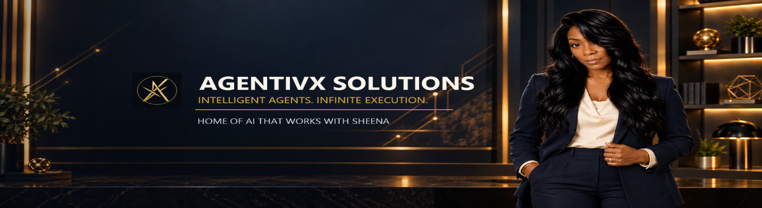 AgentivX Solutions. Intelligent agents. Infinite execution. Home of AI That Works with Sheena. Sheena, the founder, stands at the right in a navy suit.